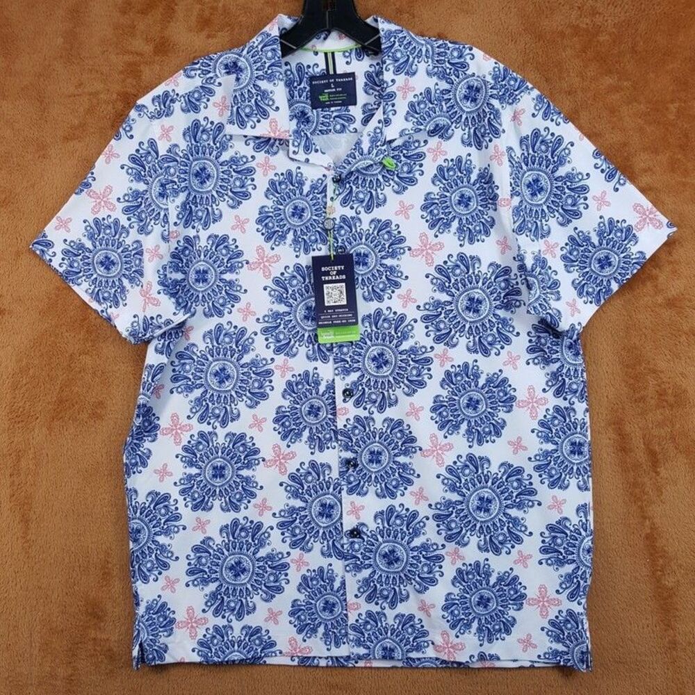 SOCIETY OF THREADS Button Shirt Mens Large White Blue Short Sleeve 4 Way Stretch